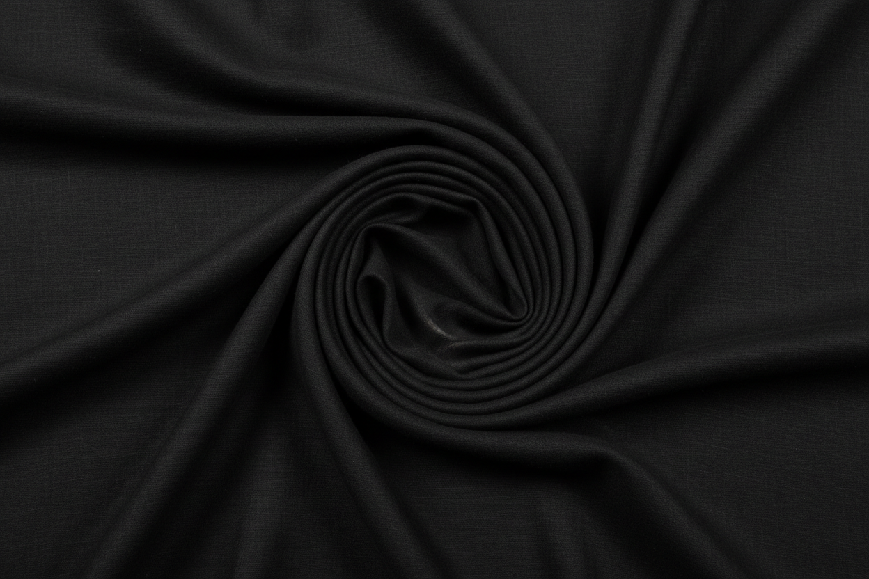 
"High-quality HD photo of plain BLACK khaddar fabric, neatly folded in a round swirl shape, no patterns or checks, rich blue color tone, soft texture details clearly visible, clean white background, professional textile photography with realistic lighting."