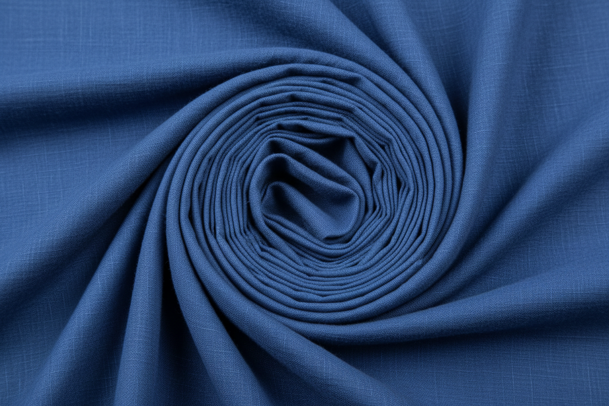 High-quality HD photo of plain blue khaddar fabric, neatly folded in a round swirl shape, no patterns or checks, rich blue color tone, soft texture details clearly visible, clean white background, professional textile photography with realistic lighting.