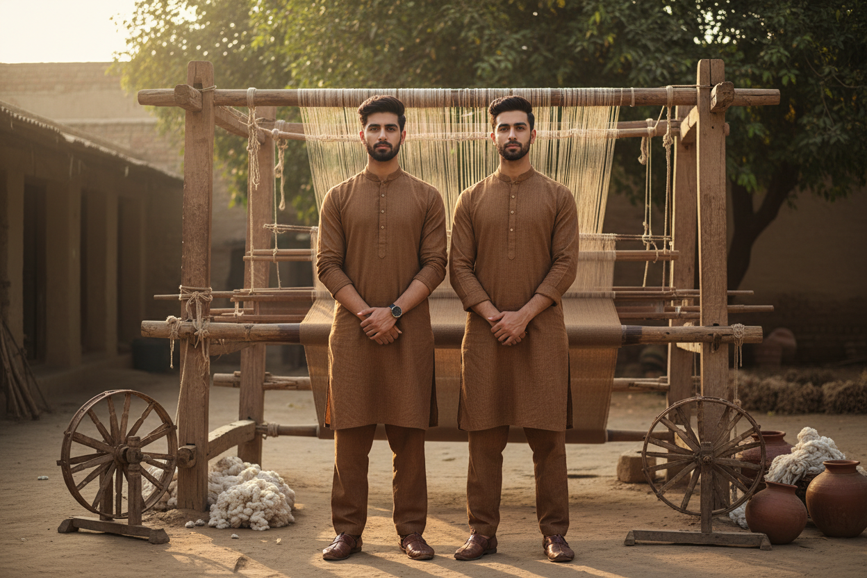 Two young men standing side by side outdoors, looking professional and well-groomed, like educated individuals. They are wearing traditional brown handmade khaddar outfits. Behind them is a large handmade khaddar weaving machine with visible wooden parts and threads. The atmosphere is natural daylight with realistic details, soft shadows, and a traditional cultural setting. Ultra-realistic, high-quality photo."